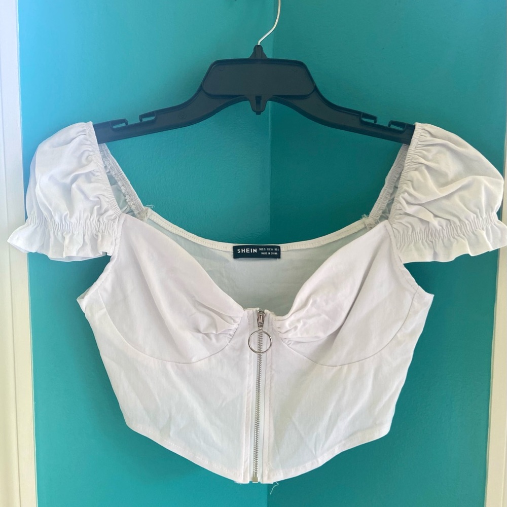 shein white zip up blouse